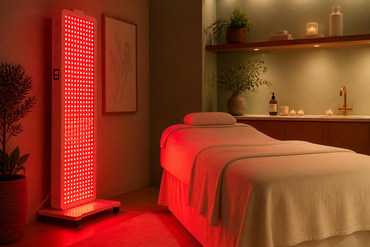A guest relaxing under a professional-grade red light therapy panel at Pure Core
